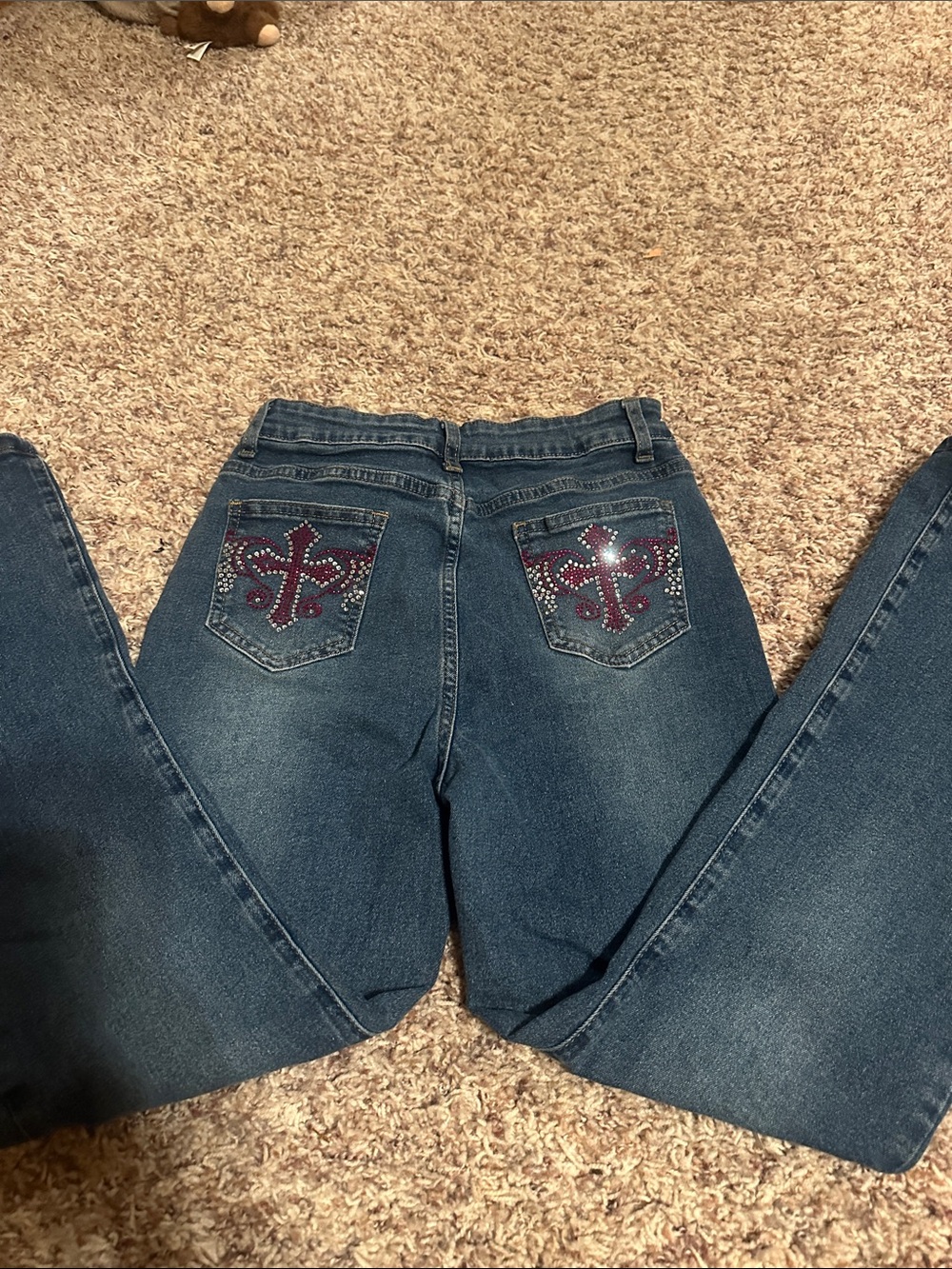SHEIN Dark Blue Bell Bottom Jeans with Embellished Cross Back Pockets
